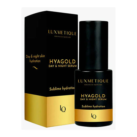 Luxmetique Hyagold Day & Night Serum by Jag Couture London, 30ml bottle with elegant packaging, showcasing skincare for glowing skin.