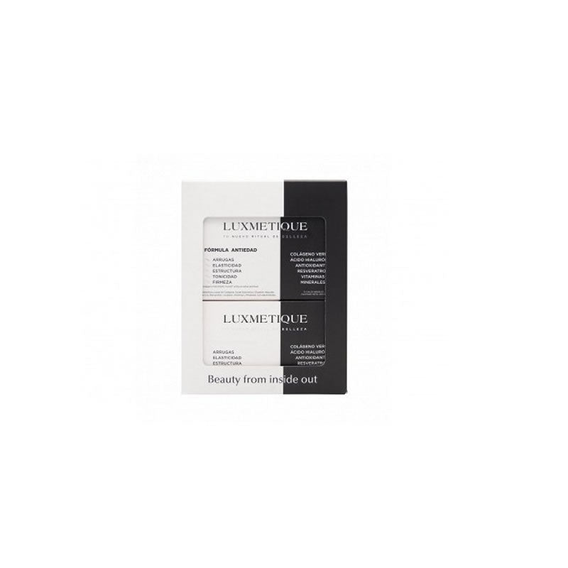 Luxmetique Proage Day Formula drinkable vials by Jag Couture London New York, showing two sets of 15 vials in clear packaging.