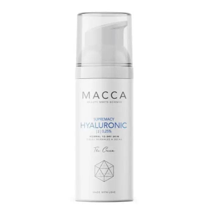 Jag Couture London Macca Supremacy Hyaluronic 0.25% The Cream 50ml jar with white lid and sleek packaging.