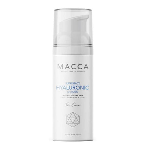 Jag Couture London New York Macca Supremacy Hyaluronic 0.25% The Cream 50ml jar with white lid and smooth cream inside.