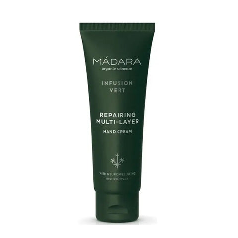 Mádara Infusion Vert Repairing Multi-Layer Hand Cream in 75ml jar, showcasing the product's packaging and creamy texture.
