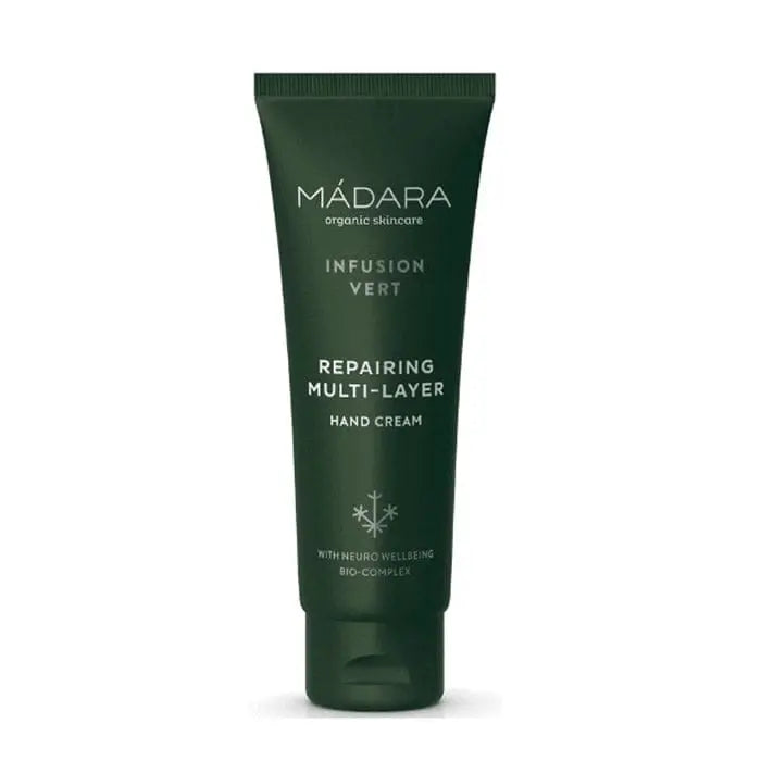 Mádara Infusion Vert Repairing Multi-Layer Hand Cream in 75ml jar, featuring green herbal infusion and nourishing ingredients.