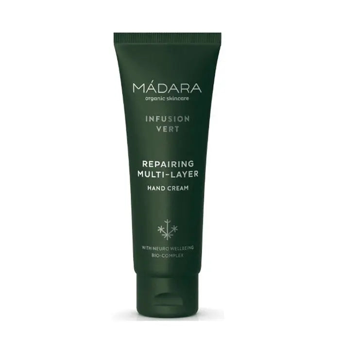 Mádara Infusion Vert Repairing Multi-Layer Hand Cream in 75ml jar with green packaging, designed for nourishing and repairing hands.
