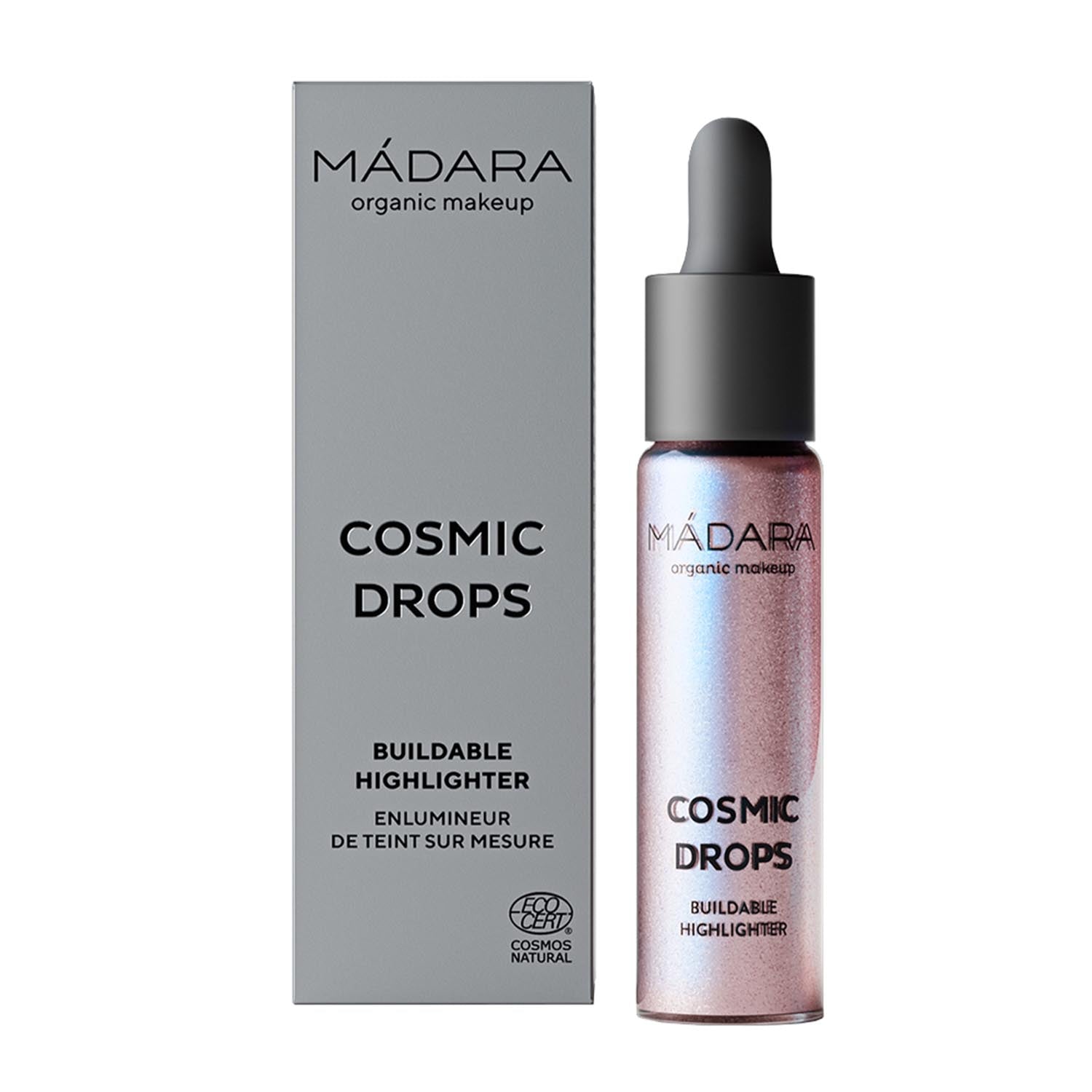 Mádara Cosmic Drops Aurora Borealis illuminator in 13.5ml bottle, natural glow and radiant finish, product from Mádara.