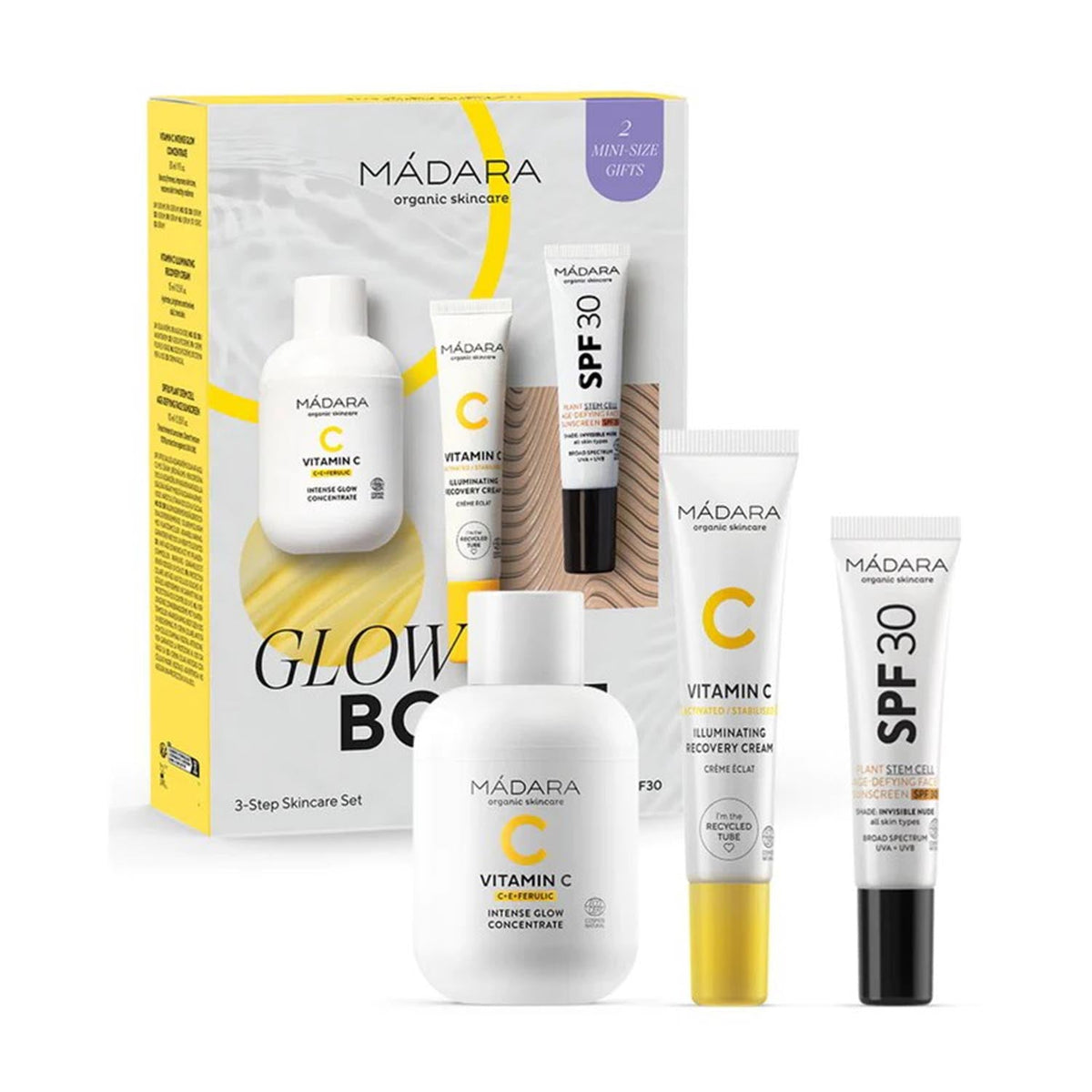 Mádara Glow Boost Tratamiento skincare set by Jag Couture London featuring natural skincare products in a sleek box.