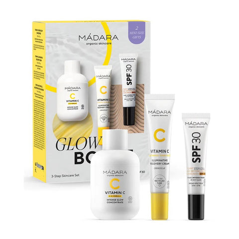 Mádara Glow Boost Tratamiento skincare set by Jag Couture London featuring natural skincare products in a sleek box.