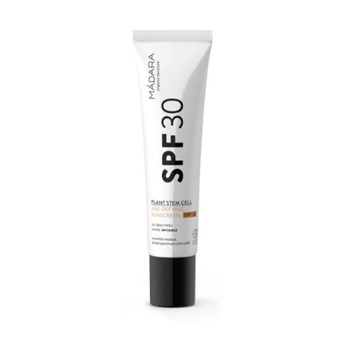 Mádara Plant Stem Cell Age-Defying Face Sunscreen SPF30 in a 40ml tube, natural ingredients, suitable for daily facial protection.