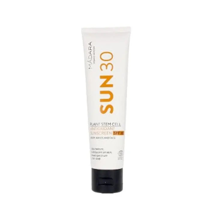 Mádara Plant Stem Cell Antioxidant Sunscreen SPF30 in a 100ml bottle, providing sun protection with natural plant-based ingredients.