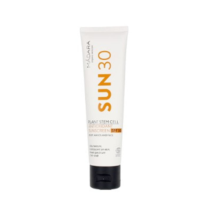 Mádara Plant Stem Cell Antioxidant Sunscreen SPF30 in 100ml bottle, featuring natural plant-based skincare protection.