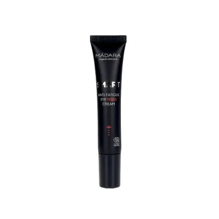 Jag Couture London New York Mádara Smart Anti-Fatigue Eye Rescue Cream 15ml, tube with white and blue packaging, close-up view.