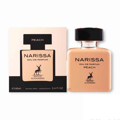 Maison Alhambra Narissa Peach Eau de Parfum 100ml spray by Jag Couture London featuring a sleek bottle and peach floral design.