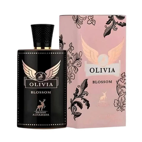 Maison Alhambra Olivia Blossom Eau De Parfum 80ml spray bottle with floral design, showcasing elegant packaging by Jag Couture London New York
