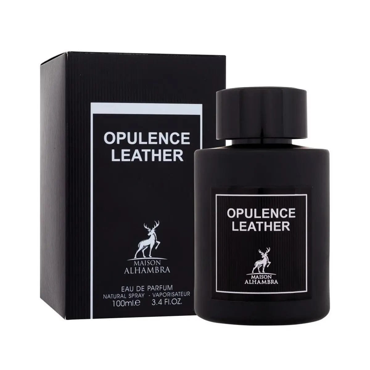 Maison Alhambra Opulence Leather Eau De Parfum spray by Jag Couture London, 100ml bottle with elegant packaging.