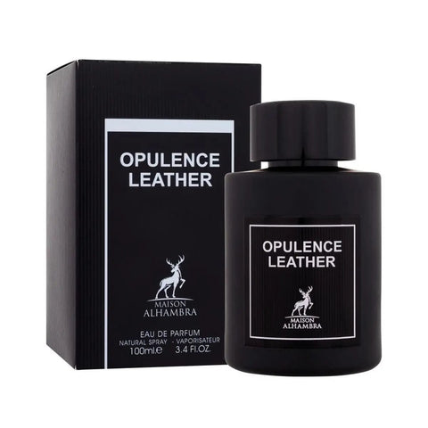 Maison Alhambra Opulence Leather Eau De Parfum spray by Jag Couture London, 100ml bottle with elegant packaging.
