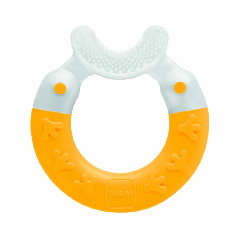 Jag Couture London Mam Bite & Brush Yellow teething toy for babies, featuring a colorful, textured design for soothing gums.