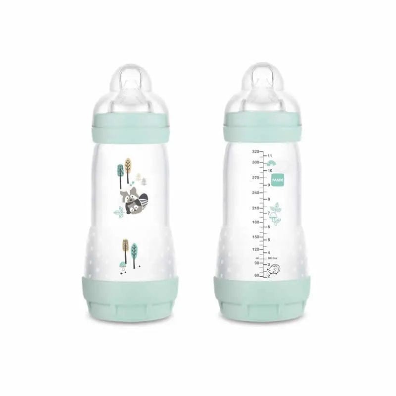 Blue Mam Easy Start anti-colic baby bottle with 320ml capacity, designed for babies 4 months and older, by Jag Couture London New York.
