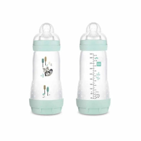 Blue Mam Easy Start anti-colic baby bottle with 320ml capacity, designed for babies 4 months and older, by Jag Couture London New York.