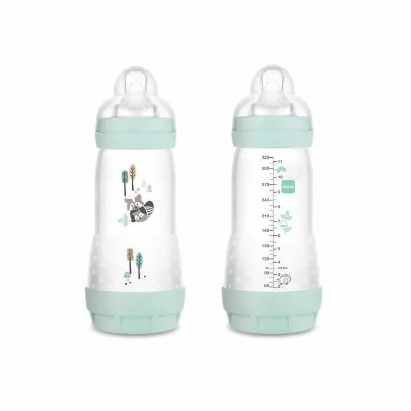 Mam Easy Start anti-colic baby bottle in blue, 320ml, designed for babies 4 months and older, by Jag Couture London - New York.