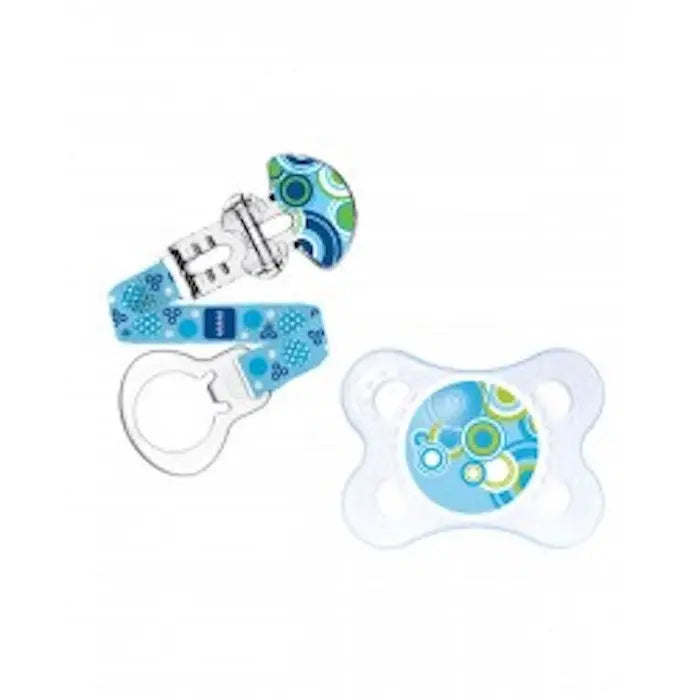Jag Couture London New York Mam Mini Silicone Soother for 0-7 months with decorative brooch, soft silicone and baby-safe design.