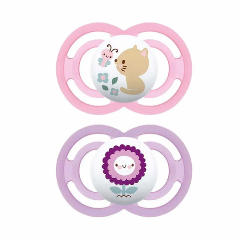 Pink Mam Pacifier Perfect 16+ Silicone, two units, designed for babies 16 months and older, by Jag Couture London New York.
