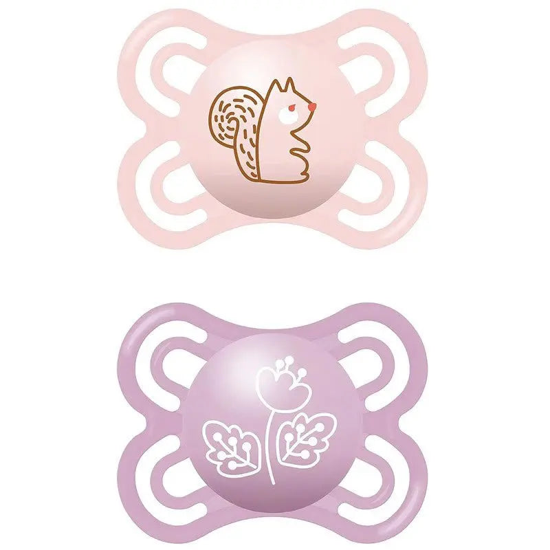Pink Mam Perfect pacifiers for 2-6 months, set of 2, from Jag Couture London - New York, designed for soothing infants.
