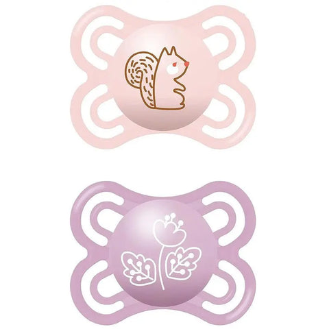 Pink Mam Perfect pacifiers for 2-6 months, set of 2, from Jag Couture London - New York, designed for soothing infants.