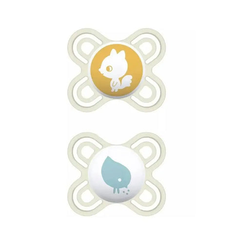 Two Mam Perfect Pacifiers for 2-6 months, unisex, from Jag Couture London New York, shown in a natural setting.