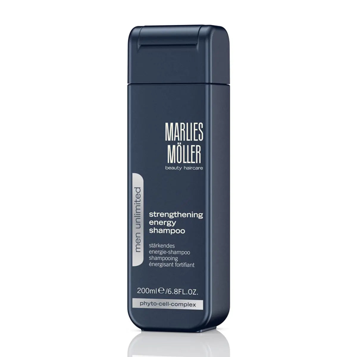 Marlies Moller Men Unlimited Strengthening Energy Shampoo 200ml bottle with label, designed for men's hair care by Jag Couture London New York.