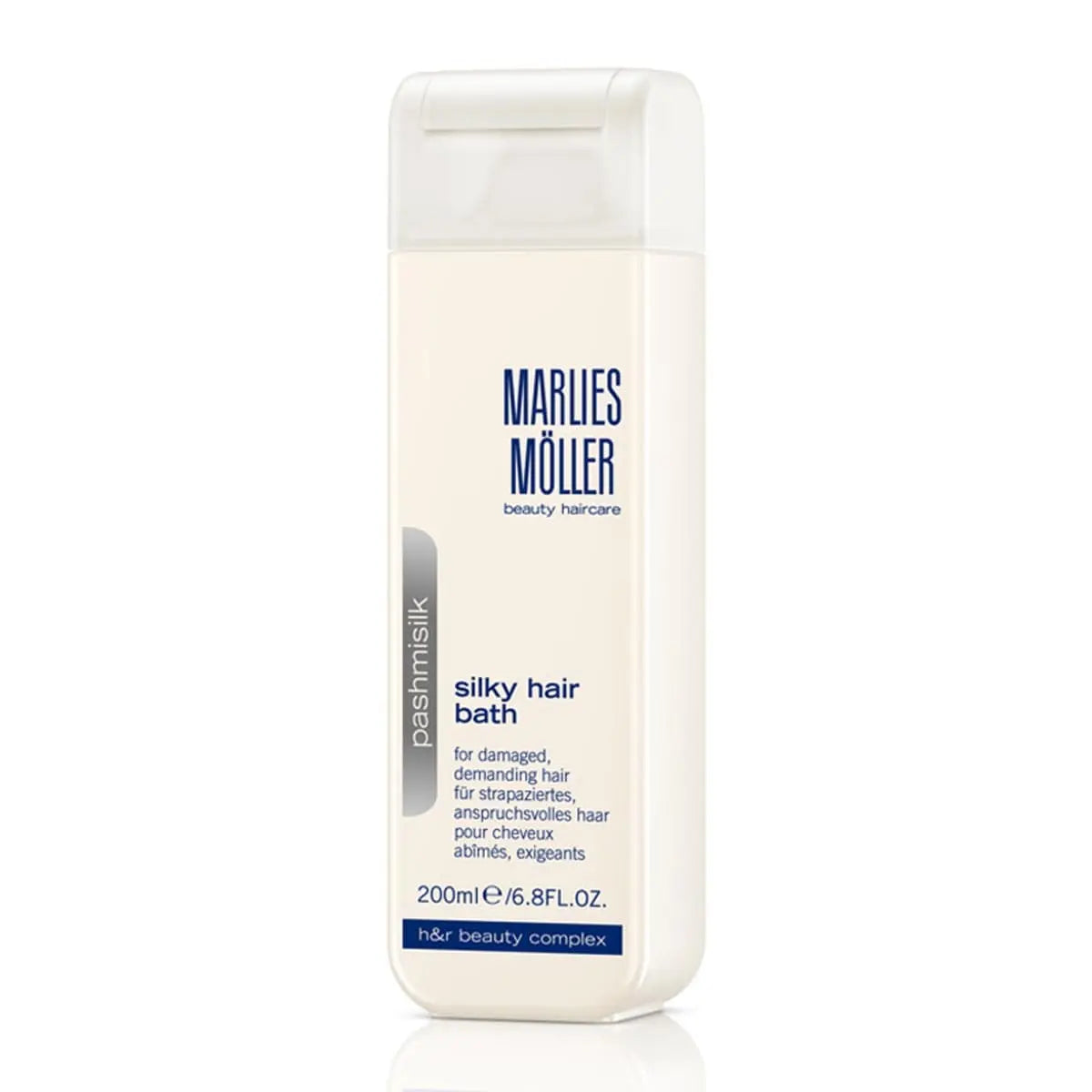Marlies Moller Pashmisilk Silky Hair Bath Shampoo in 200ml bottle, featuring sleek packaging and brand label from Jag Couture London New York.