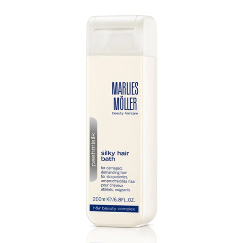 Marlies Moller Pashmisilk Silky Hair Bath Shampoo 200ml in a sleek bottle, designed for smooth, shiny hair.