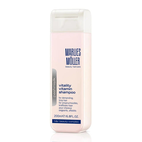 Marlies Moller Pashmisilk Vitalty Vitamin Shampoo bottle, 200ml, from Jag Couture London New York, featuring sleek packaging and product label.