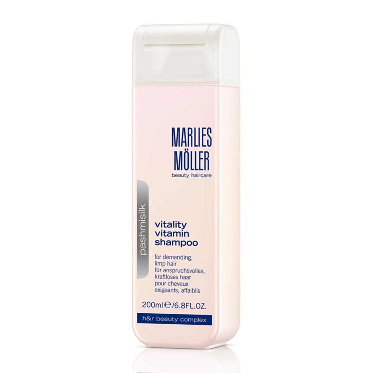Marlies Moller Pashmisilk Vitality Vitamin Shampoo in 200ml bottle, featuring sleek packaging and a clean, professional design.