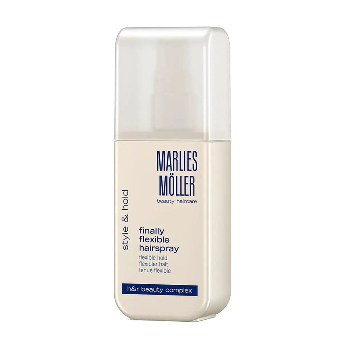 Marlies Moller Style and Hold Flexible Hairspray by Jag Couture London New York, 125ml, bottles with spray nozzle on a white background.