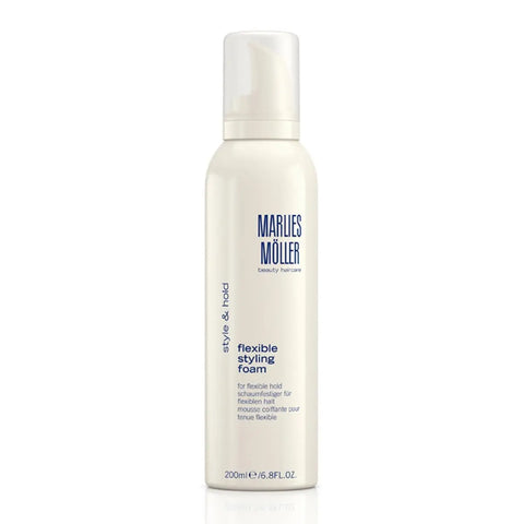 Marlies Moller Style and Hold Flexible Styling Foam 200ml in a clear bottle, designed for flexible hair styling.