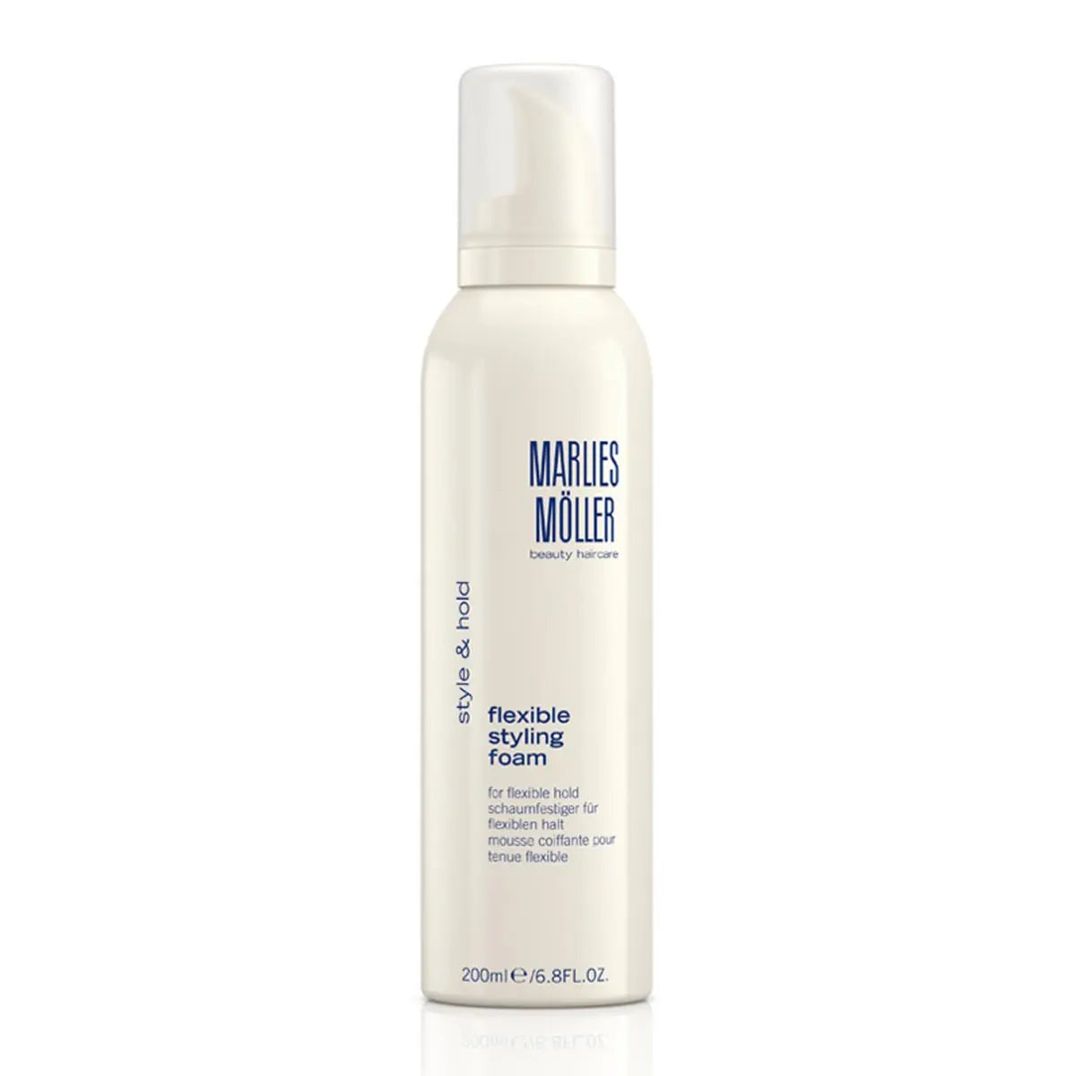 Marlies Moller Style and Hold Flexible Styling Foam 200ml, a clear bottle with pump dispenser, showcasing hair styling product.