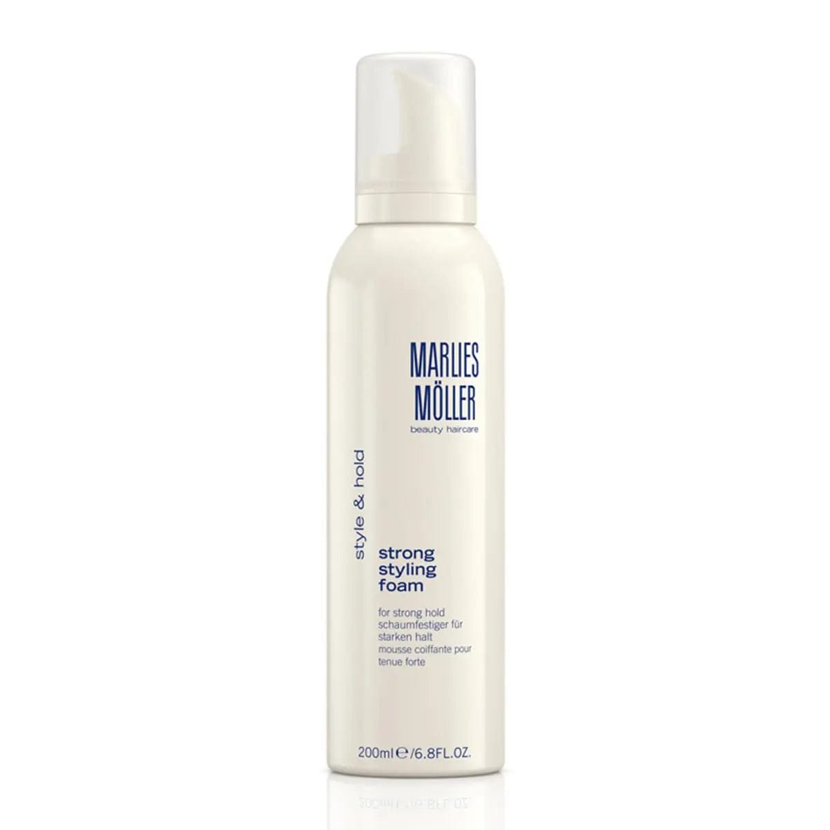 Marlies Moller Style And Hold Strong Styling Foam 200ml by Jag Couture London-New York, showing the foam bottle with label and product details.