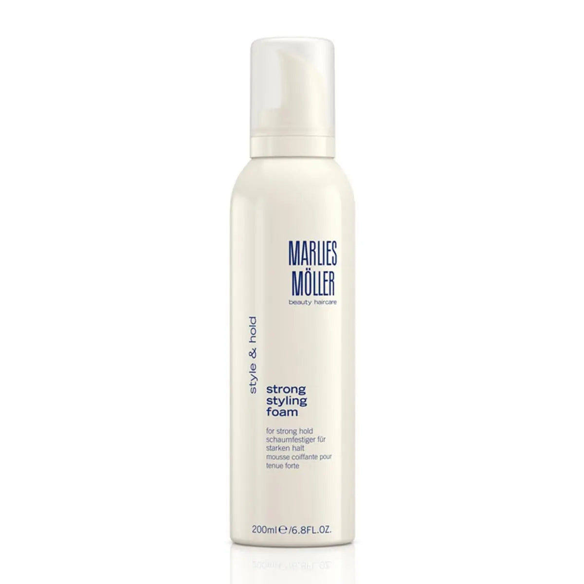 Marlies Moller Style and Hold Strong Styling Foam 200ml, hair styling product in a white foam can with a blue cap, branded by Jag Couture.