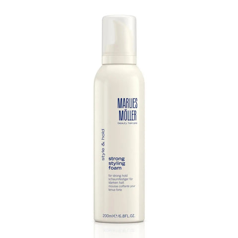 Marlies Moller Style and Hold Strong Styling Foam 200ml from Jag Couture London-New York, showing the foam bottle with label.