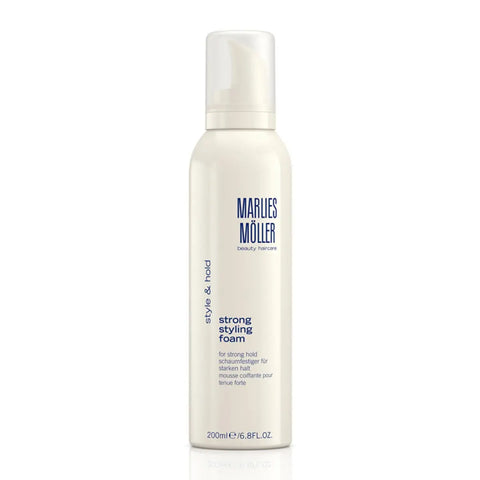 Marlies Moller Style and Hold Strong Styling Foam 200ml in a clear plastic bottle with a pump dispenser, branded by Jag Couture London New York.