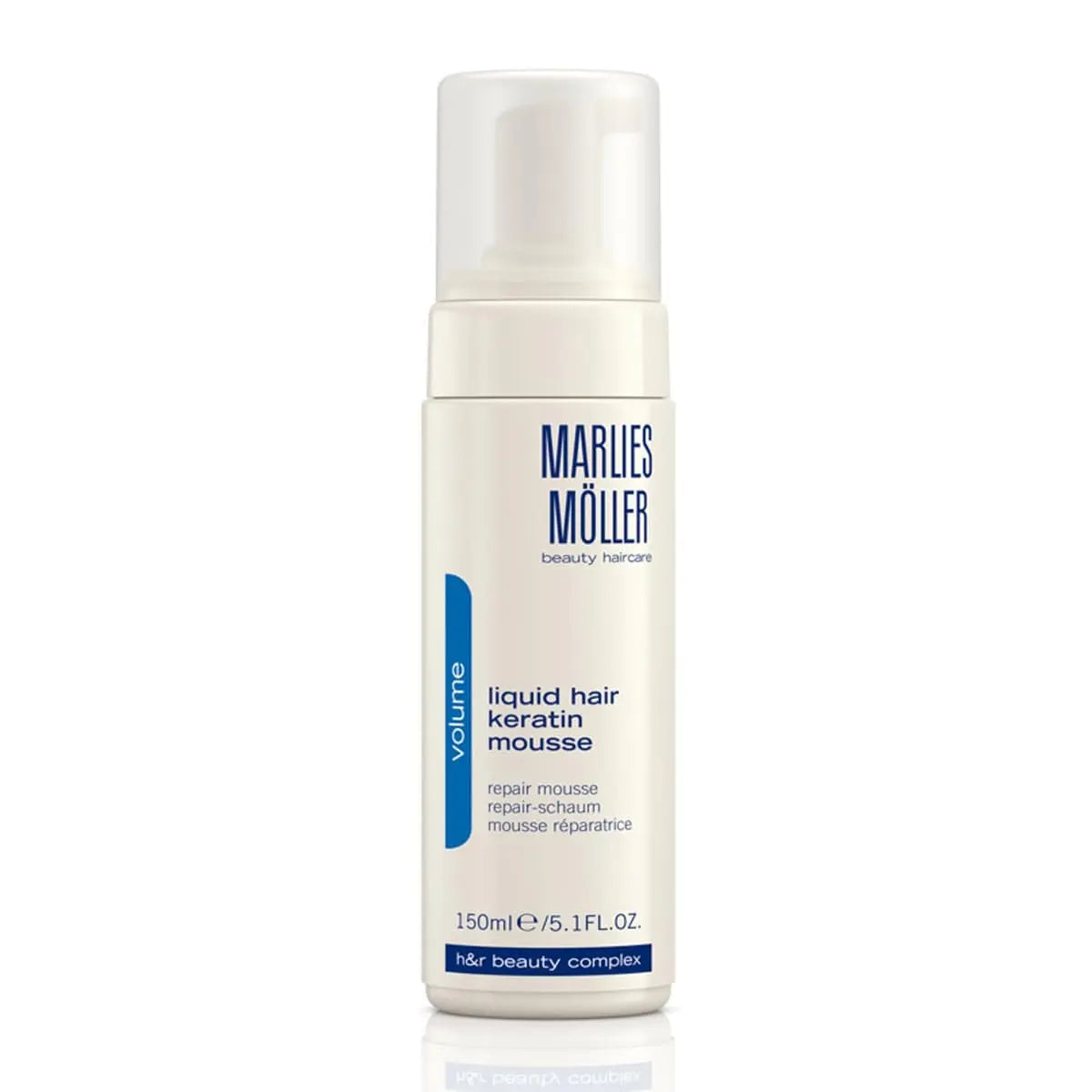 Marlies Moller Volume Liquid Hair Keratin Mousse in 150ml bottle with pump, natural hair styling product from Jag Couture London New York.