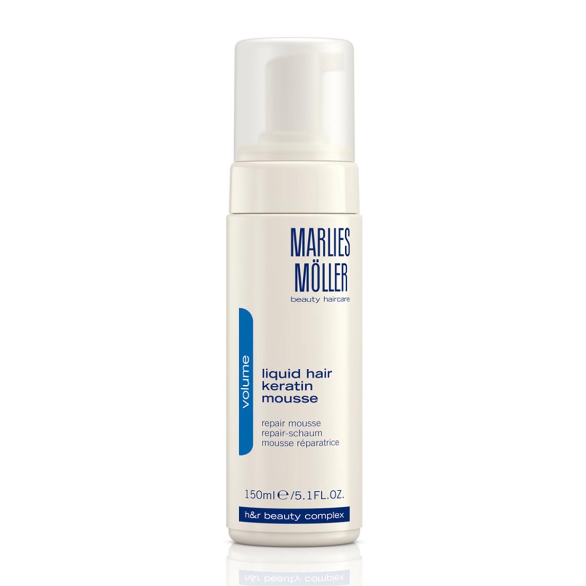 Marlies Moller Volume Liquid Hair Keratin Mousse in 150ml bottle, lightweight styling product for added volume and smoothness.