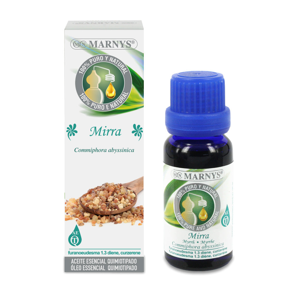 Marnys Mirra essential oil in a 15ml glass bottle with packaging, natural aromatic oil for culinary and wellness use.