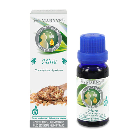 Marnys Mirra essential oil in a 15ml glass bottle with packaging, natural aromatic oil for culinary and wellness use.
