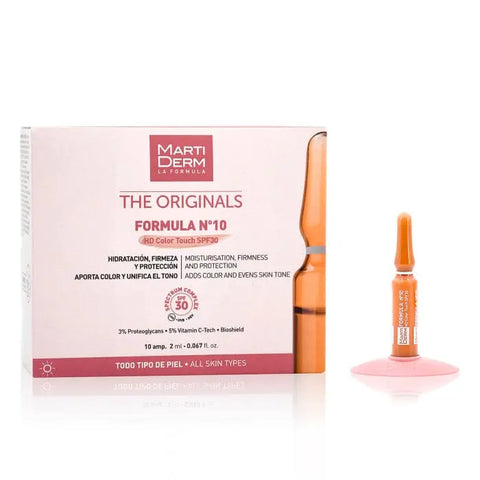 Martiderm Ampoules Formula Nº10 SPF 30 with Colour, skincare product, featuring a small glass vial with a dropper cap and amber liquid.