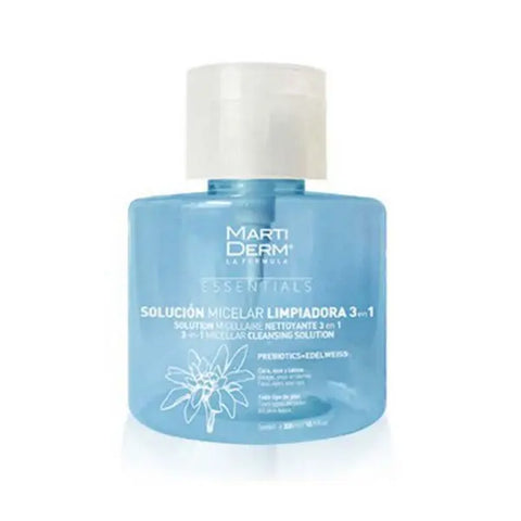 Martiderm Essentials 3-in-1 Micellar Cleansing Solution with prebiotics and edelweiss in a 300ml bottle, displayed on a clean surface.