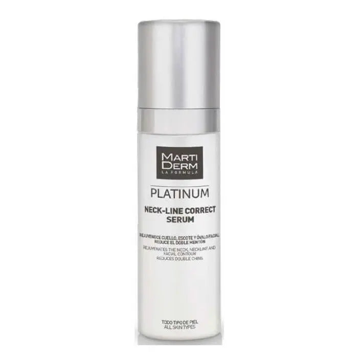 Martiderm Platinum Neck-Line Serum Corrector for neck and neckline, in a 50ml bottle, with sleek packaging.