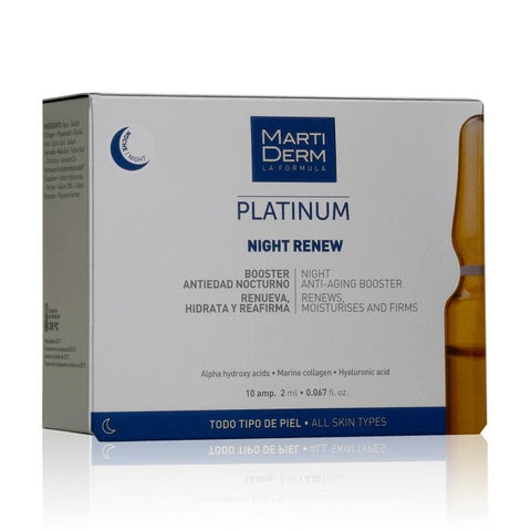 Martiderm Platinum Night Renew ampoules by Jag Couture London New York, showing 10 small glass ampoules for skin renewal.