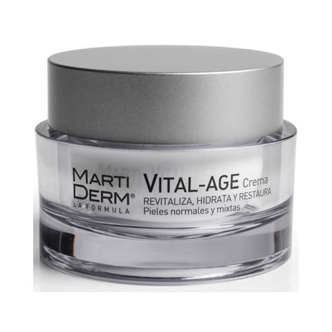 Martiderm Vital-Age Cream for normal and combination skin in a 50ml jar, featuring smooth, creamy texture and elegant packaging.