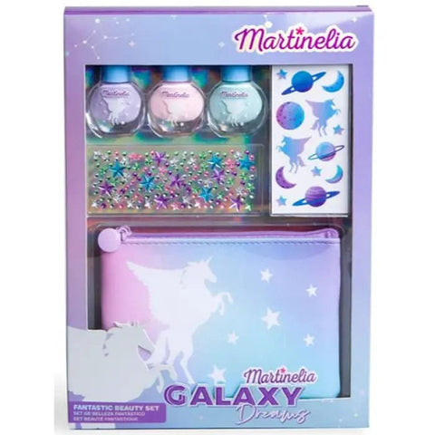 Martinelia Galaxy Dreams Fantastic Beauty Set by Jag Couture London New York, featuring vibrant makeup and skincare products in colorful packaging.