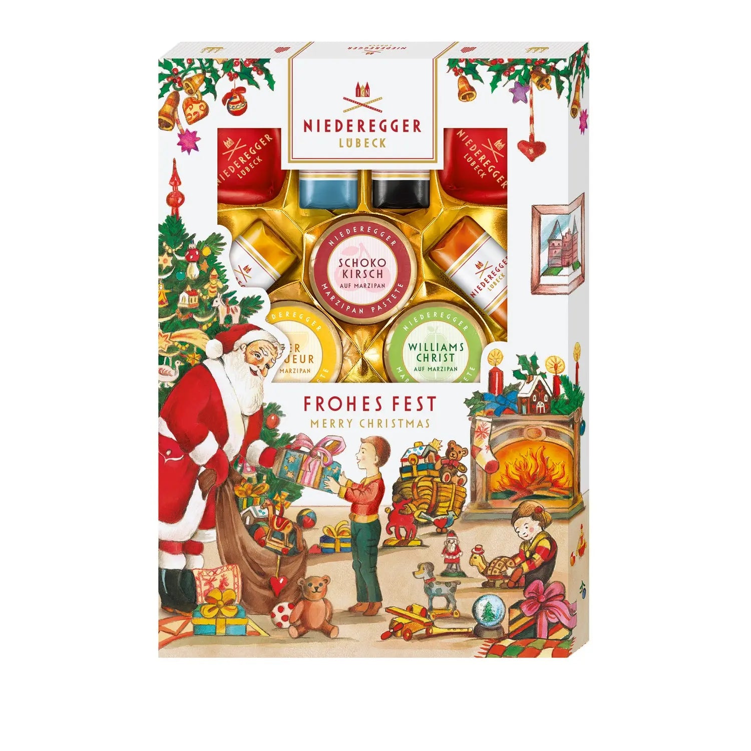 Assorted Marzipanerie specialties in a festive Christmas sleeve by Jag Couture London New York, featuring colorful marzipan treats.